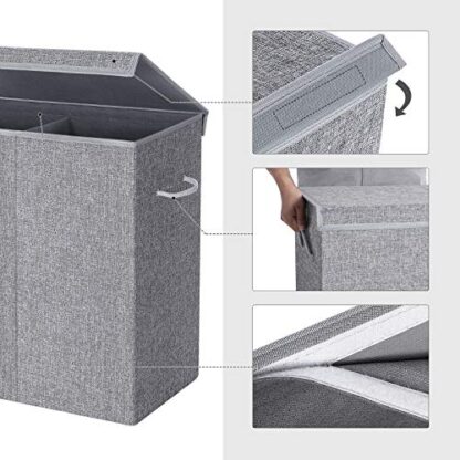 Gray Double Laundry Hamper with Lid, Divided Laundry Basket with Liner Bag, Linenette Fabric Clothes Hamper with Handles, for Laundry Room, Bedroom - Image 5