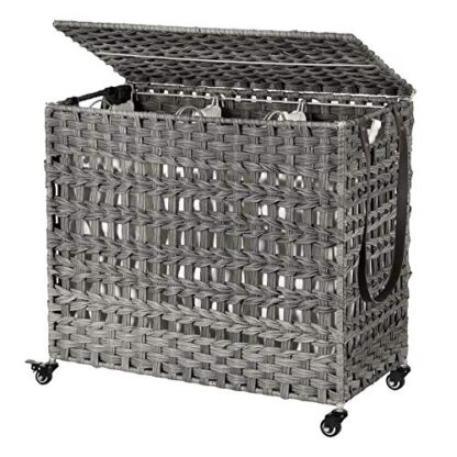 Gray Handwoven Laundry Hamper, Rattan-Style Laundry Basket with 3 Removable Bags, Handles, Laundry Sorter with Lid, for Living Room, Bathroom, Laundry - Image 8