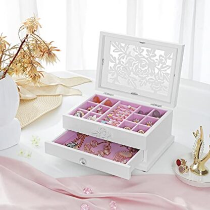 White Girls Jewelry Box Wooden Flower Carving Organizer Storage Case 2 Tier with Drawer DIY - Image 6