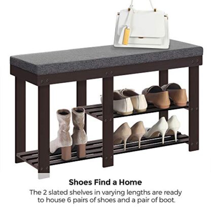 Brown Padded Shoe Bench, Shoe Storage Bench with Cushion and Shelves, for Boots in Hallway Entryway - Image 2