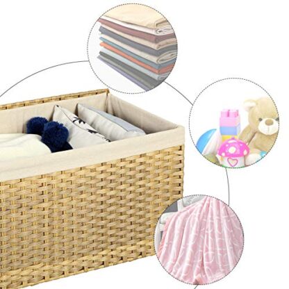 Natural Storage Basket with Lid, Rattan-Style Storage Trunk with Cotton Liner and Handles, for Bedroom Closet Laundry Room, 29.9 x 17.1 x 18.1 Inches - Image 3