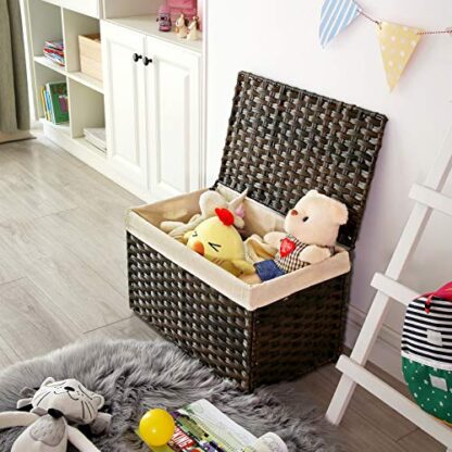 Brown Storage Basket with Lid, Rattan-Style Storage Trunk with Cotton Liner and Handles, for Bedroom Closet Laundry Room, 21.9 x 13.4 x 13.4 Inches - Image 6