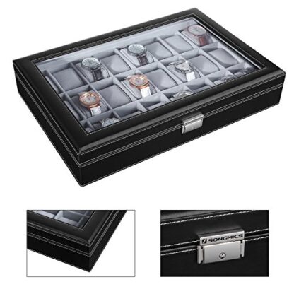 Black 24 Watch Box Large Watch Case Glass Top Black Display Organizer Faux Leather - Image 6