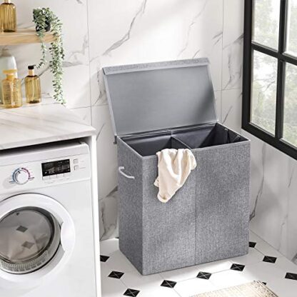 Gray Double Laundry Hamper with Lid, Divided Laundry Basket with Liner Bag, Linenette Fabric Clothes Hamper with Handles, for Laundry Room, Bedroom - Image 3