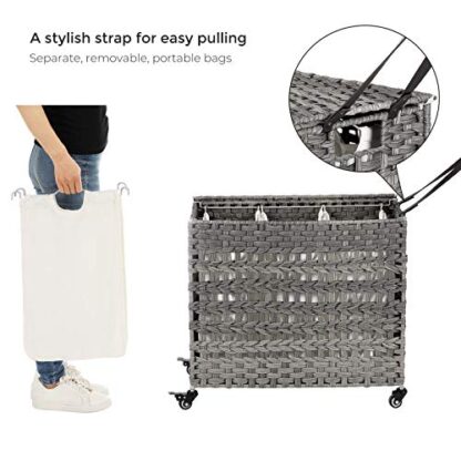 Gray Handwoven Laundry Hamper, Rattan-Style Laundry Basket with 3 Removable Bags, Handles, Laundry Sorter with Lid, for Living Room, Bathroom, Laundry - Image 6