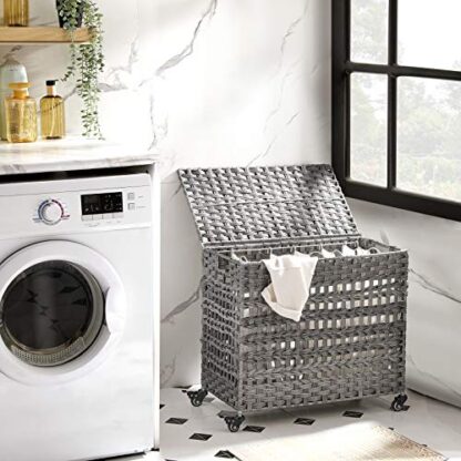 Gray Handwoven Laundry Hamper, Rattan-Style Laundry Basket with 3 Removable Bags, Handles, Laundry Sorter with Lid, for Living Room, Bathroom, Laundry - Image 7