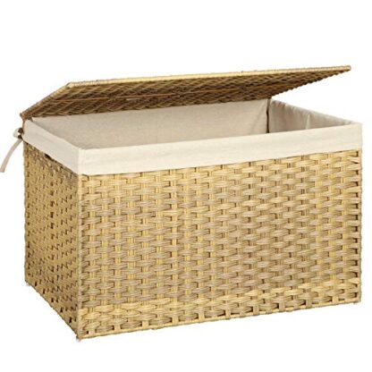 Natural Storage Basket with Lid, Rattan-Style Storage Trunk with Cotton Liner and Handles, for Bedroom Closet Laundry Room, 29.9 x 17.1 x 18.1 Inches - Image 10