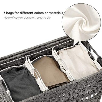 Gray Handwoven Laundry Hamper, Rattan-Style Laundry Basket with 3 Removable Bags, Handles, Laundry Sorter with Lid, for Living Room, Bathroom, Laundry - Image 4