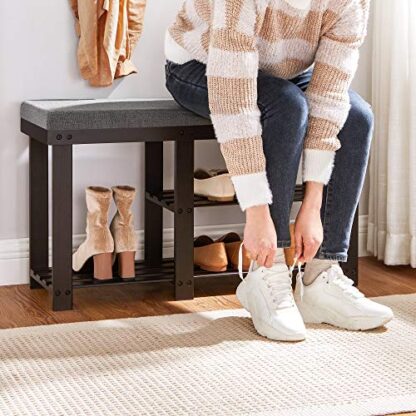 Brown Padded Shoe Bench, Shoe Storage Bench with Cushion and Shelves, for Boots in Hallway Entryway - Image 7