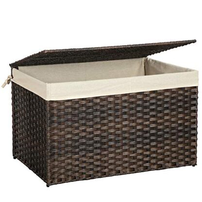 Brown Storage Basket with Lid, Rattan-Style Storage Trunk with Cotton Liner and Handles, for Bedroom Closet Laundry Room, 29.9 x 17.1 x 18.1 Inches - Image 10