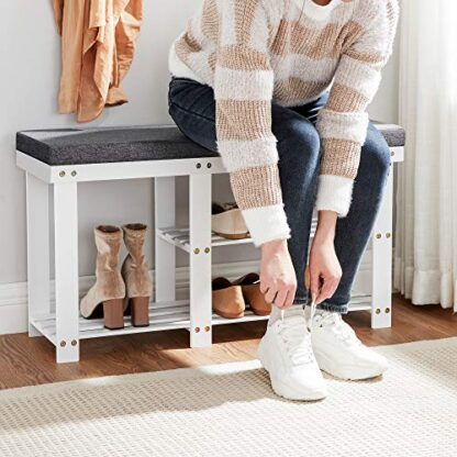 White Padded Shoe Bench, Shoe Storage Bench with Cushion and Shelves, for Boots in Hallway Entryway - Image 7