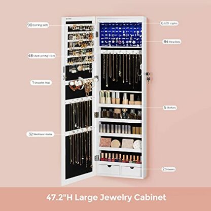 47.2" H Full Screen Mirror Jewelry Cabinet Armoire, 6 LEDs Jewelry Organizer Wall Hanging/Door Mounted, Larger Capacity, Christmas gifts for wo - Image 6