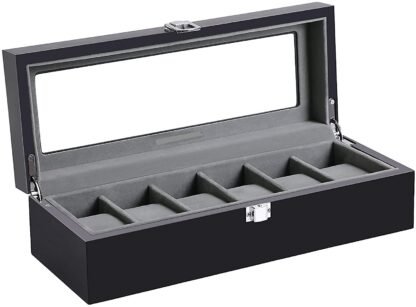 6-Slot Black+grey Watch Box, Glass Topped Watch Display Storage Case as Gift, with Velvet Lining, Cushions, for Men - Image 10