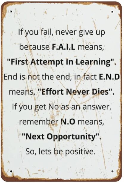 8x12 inch If You Fail Never Give Up Positivity Quote Positivity Motivational Print Motivational Poster Never Give Up Print Office Print Novelty Tin Metal