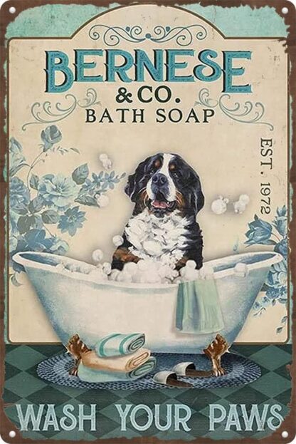 8x12 inch Funny Bathroom Tin Sign Bernese Mountain Dog Bath Soap Company Wash your paws Vintage Aluminum Sign for Home Toilet Restaurant Kitchen Bar Coffee