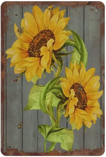 8x12 inch Sunflower & Bee Tin Sign Metal Plaque Art Hanging Iron Painting Retro Home Kitchen Garden Garage Wall Decor