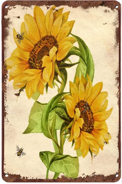 8x12 inch Creative Metal Tin Sign Sunflower & Bee Funny Tin Sign Summer Wall Decor Farmhouse Decor for Home Cafes Office Store Pubs Club Sign Gift Plaque