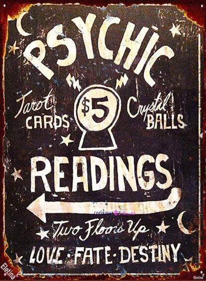 8x12 inch Retro Metal Sign/Psychic Readings $5 Tarot Cards Crystal Balls Signs for Plaque Cave,Cafe,Club,Wall Art Metal Sign