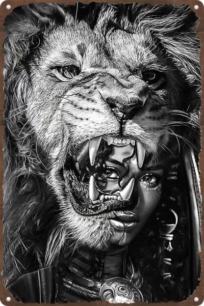 8x12 inch Retro Metal Tin Sign Black Girl with Lion Black Woman tin Sign African American Women Art, Black Girl Wall Art, Aluminum Sign for Bar Tavern Pub Club