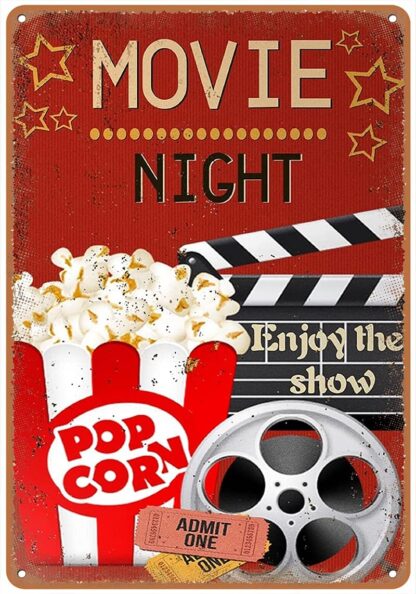 8x12 inch Movie Night tin Sign, Enjoy The Show with Popcorn Metal Sign, Wall Decor Metal Iron Tin Sign,Retro Style, Farmhouse Decoration, Restaurant