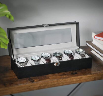 6-Slot Black+grey Watch Box, Glass Topped Watch Display Storage Case as Gift, with Velvet Lining, Cushions, for Men