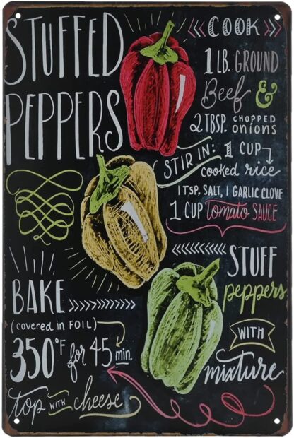 8x12 inch Food Vintage Tin Sign - Stuffed Peppers Retro Metel Sign - Wall Decor Wall Sign for Kitchen Bakery Cafe Restaurant