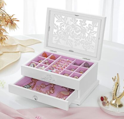 White Girls Jewelry Box Wooden Flower Carving Organizer Storage Case 2 Tier with Drawer DIY