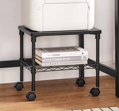 Black Printer Stand, 2-Tier Under-Desk Printer Cart on Wheels, Printer Table with Storage Shelf, Metal Frame, 16.1 x 12.2 x 15 Inches