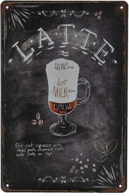 8x12 inch Vintage Coffee Tin Sign - Latte Retro Metel Sign - Wall Decor Wall Sign for Kitchen Bakery Cafe Restaurant