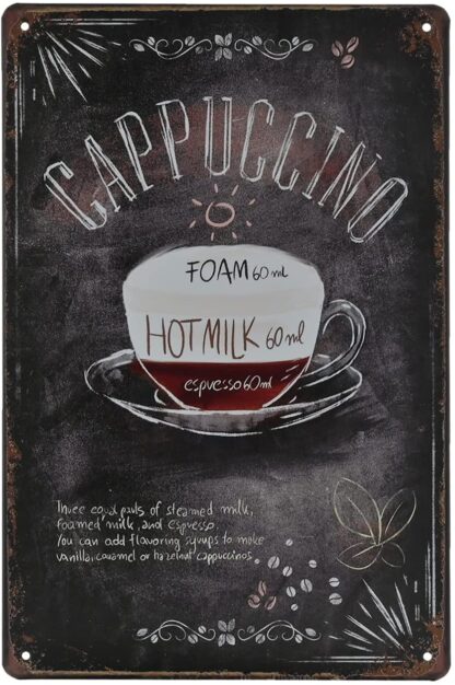 8x12 inch Vintage Coffee Tin Sign - Cappuccino Retro Metel Sign - Wall Decor Wall Sign for Kitchen Bakery Cafe Restaurant