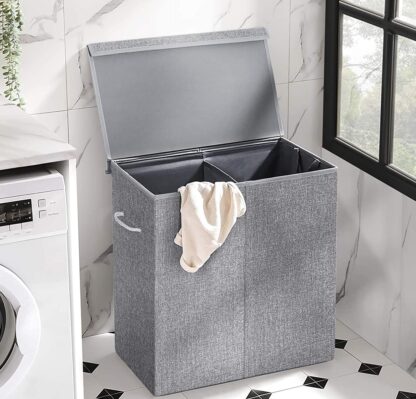 Gray Double Laundry Hamper with Lid, Divided Laundry Basket with Liner Bag, Linenette Fabric Clothes Hamper with Handles, for Laundry Room, Bedroom