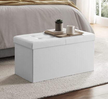 30 Inches White Folding Storage Ottoman Bench with Flipping Lid, Storage Chest Footstool, Faux Leather