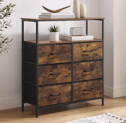 Rustic Brown + Black Dresser for Bedroom, 6 Chest of Drawers, Closet Storage Drawers for Clothes, Storage Cabinet, 6 Fabric Drawers with Handles, Metal Frame