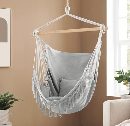 Grey Hammock Chair, Hanging Chair, Max. Load 330 Lb, Swing Chair with 2 Cushions and Mounting Kit, Large Macrame Hanging Chair with Pocket