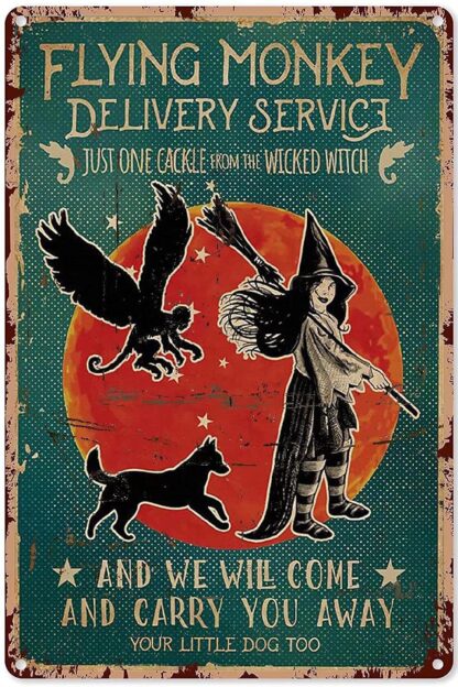 8x12 inch Witch Metal Tin Sign,Flying Monkey Delivery Service,Restaurant Cafe Retro Plaque Posters Bar Outdoor Sign Room Decoration Gift