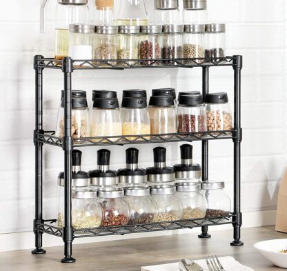 3-Tier Black Adjustable Storage Shelving Unit, Spice Rack with PP Sheets, Standing Shelf Unit for Kitchen