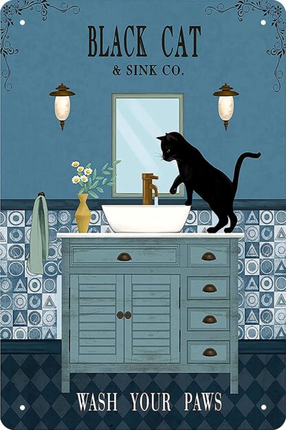 8x12 inch Funny Bathroom Decor Signs Funny Black Cat Decor Vintage Tin Sign Coffee Cats Print Wash Your Paws Black Cat Metal Poster Love Cats Metal Poster