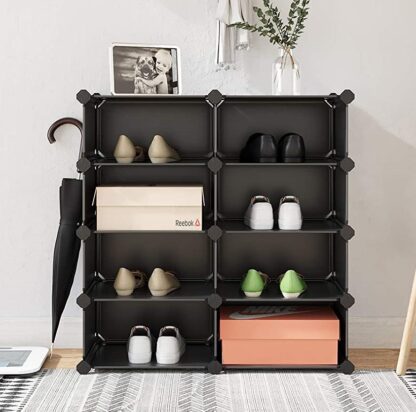 4-Tier Black Shoe Rack, Space Saving 16-Pair Plastic Shoe Storage Organizer Units, Cabinet Storage Organizer, Ideal for Entryway Hallway Bathroom Living