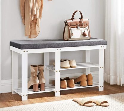 White Padded Shoe Bench, Shoe Storage Bench with Cushion and Shelves, for Boots in Hallway Entryway