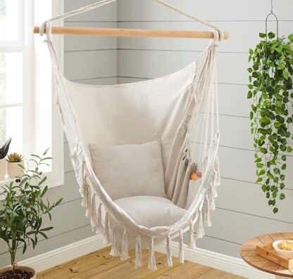 Beige Hammock Chair, Hanging Chair, Max. Load 330 Lb, Swing Chair with 2 Cushions and Mounting Kit, Large Macrame Hanging Chair with Pocket