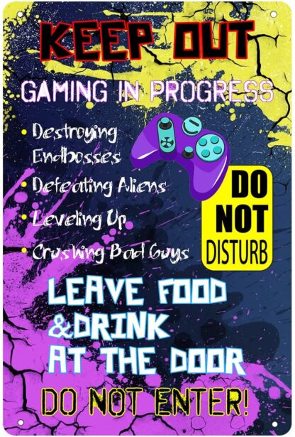 8x12 inch Do Not Disturb Gaming In Progress Metal Sign Keep Out Gamer at Play Enter at Own Risk Tin Signs Funny Game Room Signs Boy's Room Wall Decoration