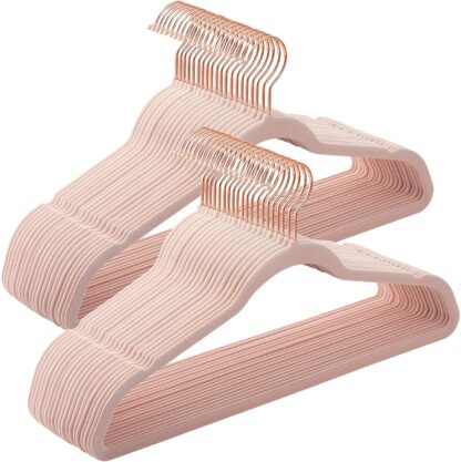 Velvet Hangers 50 Pack Pink Non Slip Hangers with Rose Gold Color Swivel Hook, Slim Hangers Space Saving, Velvet Hangers for Closet