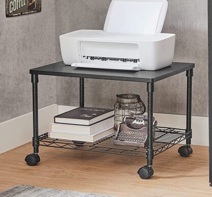 Black Printer Stand, 2-Tier Under-Desk Printer Cart on Wheels, Printer Table with Storage Shelf, Metal Frame, 20.1 x 16.1 x 15 Inches