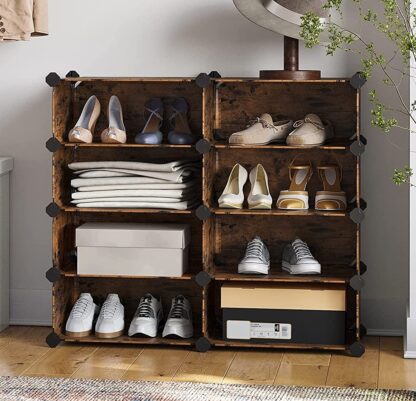 4-Tier Rustic Brown Shoe Rack, 16-Pair Plastic Shoe Storage Organizer Units, Cabinet Storage Organizer, for Entryway Hallway Bathroom Living Room