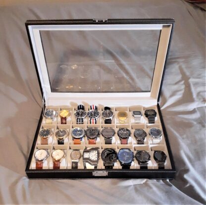 Black 24 Watch Box Large Watch Case Glass Top Black Display Organizer Faux Leather