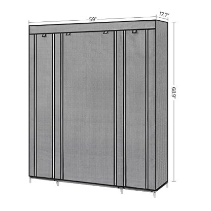 Gray With Herringbone Pattern Wardrobe, Closet, Portable Clothes Storage Organizer with Hanging Rail, Shelves, Fabric Cover - Image 4