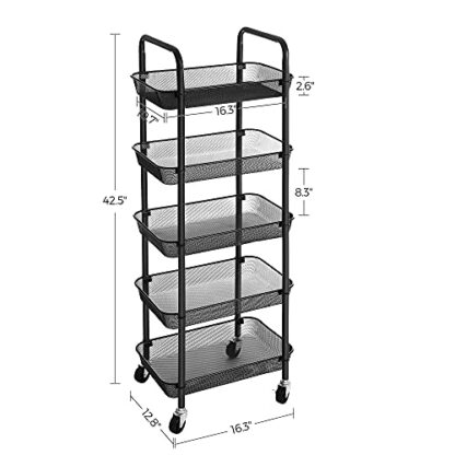 Black Rolling Cart, 5-Tier Metal Storage Cart, Kitchen Storage Trolley with 2 Brakes, Utility Cart with Handles, Easy Assembly, for Bathroom - Image 5