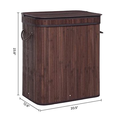 Brown Double Laundry Hamper with Lid, Divided Laundry Basket with Handles, Bamboo Hamper with Liner for Laundry Room, Bedroom, 100L - Image 4