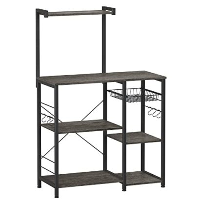 Charcoal Gray + Black Baker's Rack, Coffee Station, Microwave Oven Stand, Kitchen Shelf with Wire Basket, 6 S-Hooks, Utility Storage for Spices, Pots, and Pans - Image 7