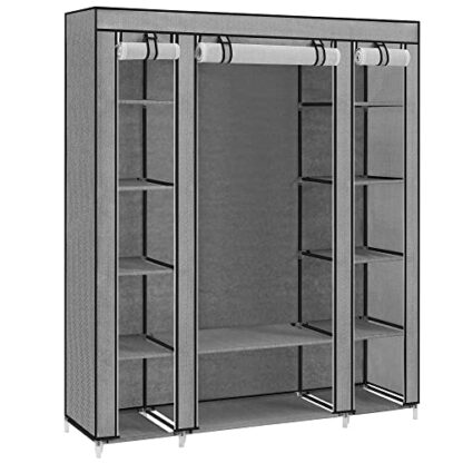 Gray With Herringbone Pattern Wardrobe, Closet, Portable Clothes Storage Organizer with Hanging Rail, Shelves, Fabric Cover - Image 8